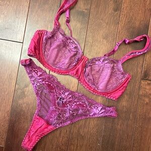 Fleur England Silk Eyelash Lace Purple Bra Thong Set 34C M